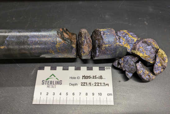 Massive bornite mineralization in MEPS-25-18 at 227.4m grading 38.9% Cu, 0.71 g/t Au, 196 g/t Ag and 23 ppm Mo
