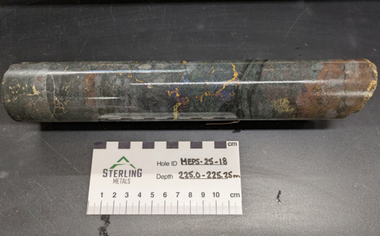 Chalcopyrite and bornite mineralization in MEPS-25-18 at 225.0m grading 10.5% Cu, 0.395 gpt Au, 64.4 gpt Ag and 53ppm Mo