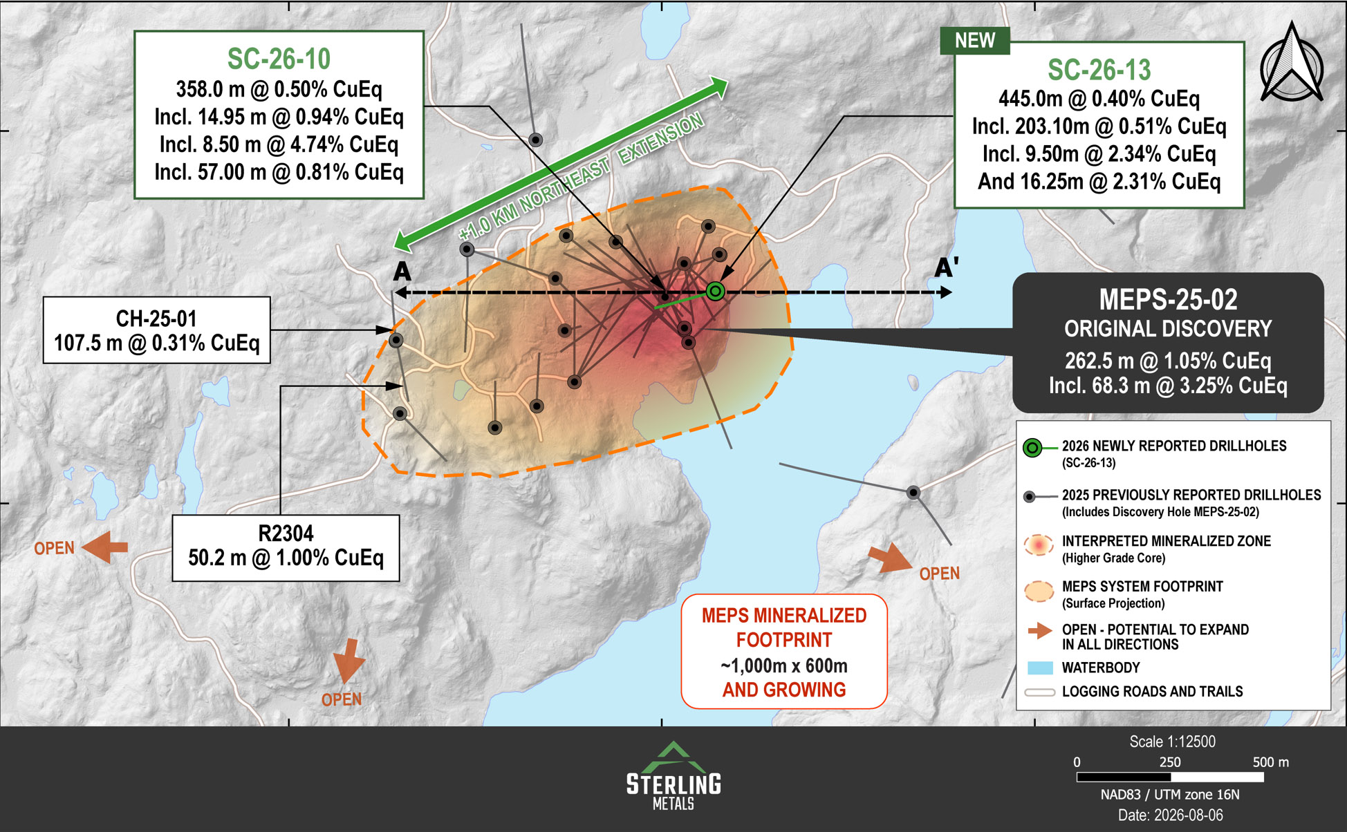 Plan map of the MEPS area showing reported holes SC-26-13 and the previously reported SC-26-10 and MEPS-25-02 discovery intercept.